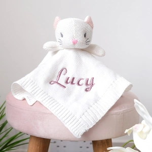 1st Birthday Gifts Personalised White Cat Knitted Baby Comforter