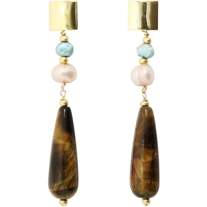 Alison Fern Jewellery 22kt Yellow Gold Fran Drop Earrings with Pearl and Tiger's Eye