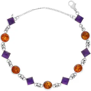 Archive Sterling Silver Amber Amethyst Square Round Eleven Stone Link Bracelet D