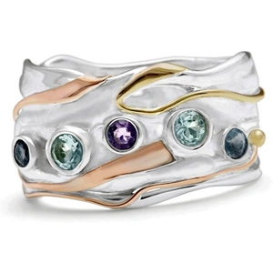 Banyan Jewellery Sterling Silver Ring with Iolite, Blue Topaz and Amethyst Gemstone Detailing - UK P - US 7.75 - EU 56.3