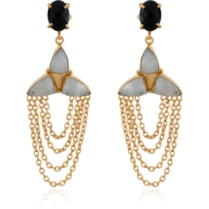Bhagat Jewels 18kt Gold Vermeil Black Onyx & Rainbow Moonstone Dangle Earrings