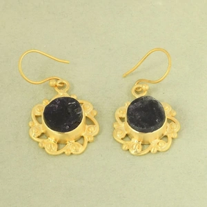 Bhagat Jewels Handmade Amethyst Gemstone Bezel Set Gold Plated Drop Earrings
