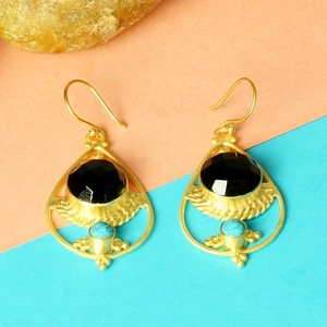Bhagat Jewels Handmade Black Onyx And Turquoise Gemstone Bezel Set Dainty Earrings