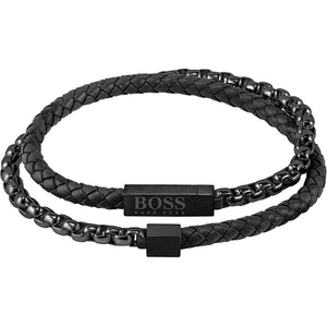 BOSS Men's Blended Leather and Stainless Steel Bracelet in Black