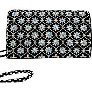 Boutique By Mariam Black Velvet Silver Clutch Bag with Turquoise