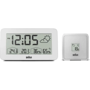 Braun Clocks Braun Digital Weather Station Clock with Indoor and Outdoor Temperature and Humidity, Forecast, LCD display, Quick-set, Crescendo beep alarm in white, model