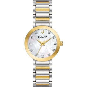 Bulova Ladies Modern Stainless Steel Mother Of Pearl Diamond Set Dial Gold Plated Two Tone Bracelet Watch 98P180
