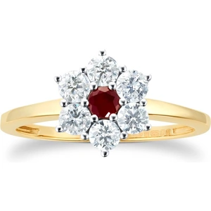 By Request 9ct Yellow Gold Ruby & Diamond Cluster Ring - Ring Size U
