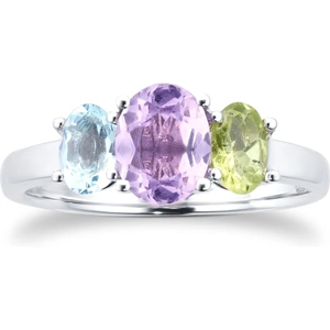 By Request 9ct White Gold 3 Stone Peridot, Amethyst and Topaz Ring - Ring Size J.5