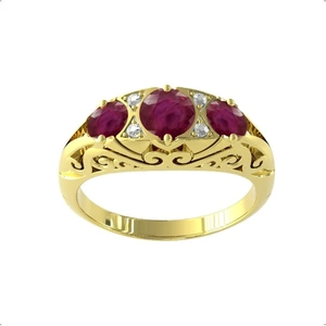By Request 9ct Yellow Gold Victorian Style 3 Stone Ruby & Diamond Ring - Ring Size X.5