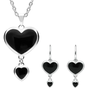 C W Sellors Sterling Silver Whitby Jet Double Heart Drop Two Piece Set
