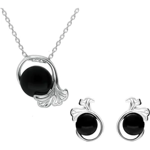 C W Sellors Sterling Silver Whitby Jet Round Leaf Effect Two Piece Set