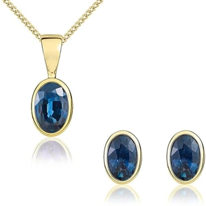 C W Sellors Precious Gemstones 9ct Yellow Gold Sapphire 6x4mm Oval Rub Over Set Pendant and Stud Earrings Set