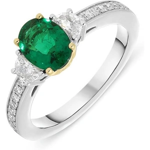 C W Sellors Precious Gemstones Platinum 0.80ct Emerald Diamond Oval Cut Trilogy Ring