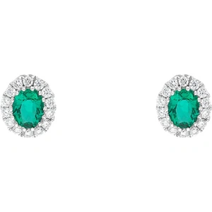 C W Sellors Precious Gemstones 18ct White Gold Emerald Diamond Oval Cluster Stud Earrings - White Gold