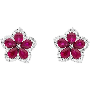 C W Sellors Precious Gemstones 18ct White Gold Ruby Diamond Pear Cluster Flower Stud Earrings - White Gold