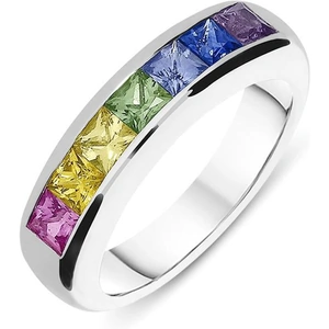 C W Sellors Precious Gemstones 18ct White Gold Rainbow Sapphire Princess Cut Half Eternity Ring