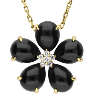 C W Sellors 18ct Yellow Gold Whitby Jet 0.13ct Diamond Flower Necklace
