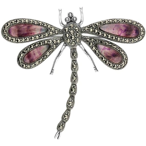 C W Sellors Sterling Silver Blue John Marcasite House Style Large Dragonfly Brooch - Silver