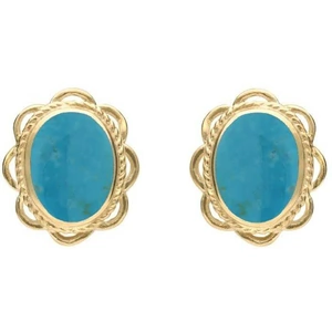C W Sellors 9ct Yellow Gold Turquoise Rope Frill Edge Oval Stud Earrings
