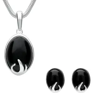 C W Sellors Sterling Silver Whitby Jet Oval Claw Two Piece Set