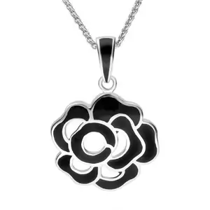 C W Sellors Sterling Silver Whitby Jet Open Rose Necklace