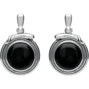 C W Sellors Sterling Silver Whitby Jet Small Round Snake Edge Drop Earrings
