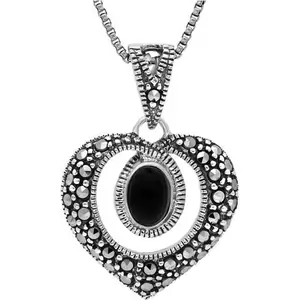 C W Sellors Sterling Silver Whitby Jet Marcasite Oval Swirl Heart Necklace