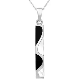 C W Sellors Sterling Silver Whitby Jet and Mother of Pearl Four Stone Curved Oblong Necklace