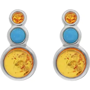 C W Sellors Sterling Silver Three Stone Round Graduated Amber Turquoise Stud Earrings