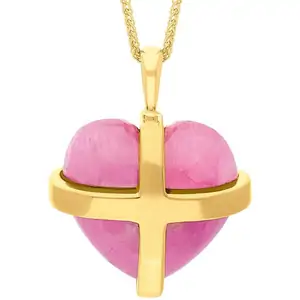 C W Sellors 18ct Yellow Gold Pink Greenland Sapphire Large Cross Heart Necklace