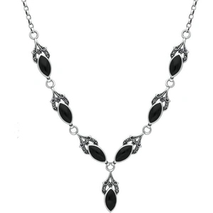 C W Sellors Sterling Silver Whitby Jet Marcasite 7 Stone Pave Marquise Necklace - Silver