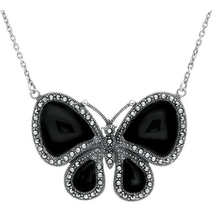 C W Sellors Sterling Silver Whitby Jet Marcasite Butterfly Necklace - Silver
