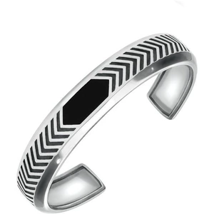 C W Sellors Sterling Silver Whitby Jet Chevron Patterned Stone Set Bangle - Default Title / Silver