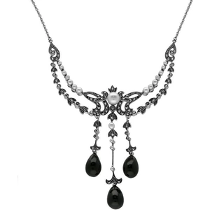C W Sellors Sterling Silver Whitby Jet Marcasite Pearl Triple Drop Necklace - Silver