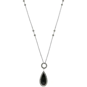 C W Sellors Sterling Silver Whitby Jet Marcasite Pear Drop T-Bar Necklace - Silver