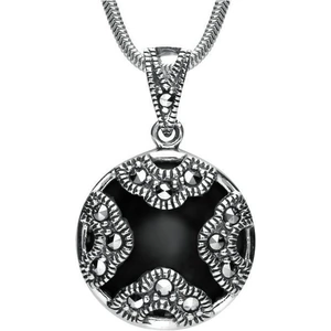 C W Sellors Sterling Silver Whitby Jet Marcasite Rounded Arc Necklace - Silver