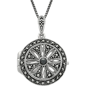 C W Sellors Sterling Silver Hematite Marcasite Arc Deco Circles Locket Necklace - Silver