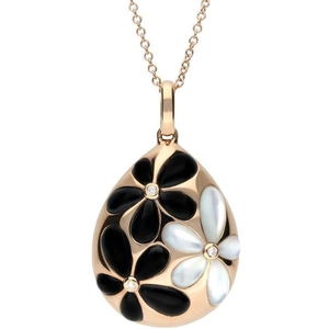 C W Sellors 18ct Rose Gold Whitby Jet Mother of Pearl Diamond Flower Pear Necklace - Option1 Value / Rose Gold