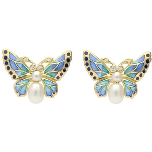 C W Sellors 18ct Yellow Gold Diamond Pearl Enamel House Style Butterfly Stud Earrings - Yellow Gold