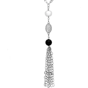 C W Sellors Sterling Silver Whitby Jet Pearl Two Stone Tassel Necklace