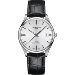 Mens Certina DS8 Silver Black Leather Strap Watch