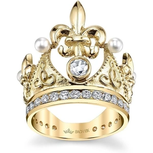 Cynthia Bach Fleur De Lis Crown Ring With Diamonds And Pearls - UK O - US 7.25 - EU 55.1