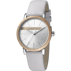 Esprit Forest Women's Watch featuring a Light Grey Leather Strap and Silver With Wood Platform Dial