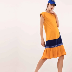 FKNS By Narendra Kumar FKNS Yellow Shift Dress with Blue Detail - 6