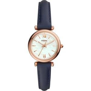 Fossil Ladies Carlie Rose Gold Plated Mother Of Pearl Dial Navy Blue Leather Strap Watch ES4502