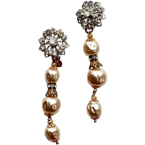 FUCHSIA by Izumi Tahara Vintage Metal & Rhinestone Flower Baroque Pearls Clip-On Earrings