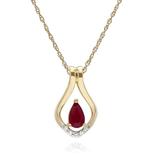 Gemondo Classic Pear Ruby & Five Diamond Leaf Halo Pendant in 9ct Yellow Gold