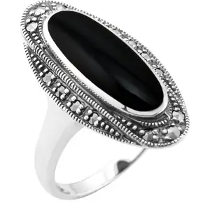 Gemondo Art Deco Style Black Onyx Cabochon & Marcasite Ring in 925 Sterling Silver