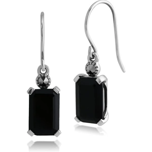 Gemondo Art Deco Style Octagon Black Onyx & Marcasite Drop Earrings in 925 Sterling Silver